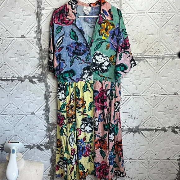 Vintage 80s Together Vibrant Floral mixed media button up short Sleeve Dress - Picture 1 of 6